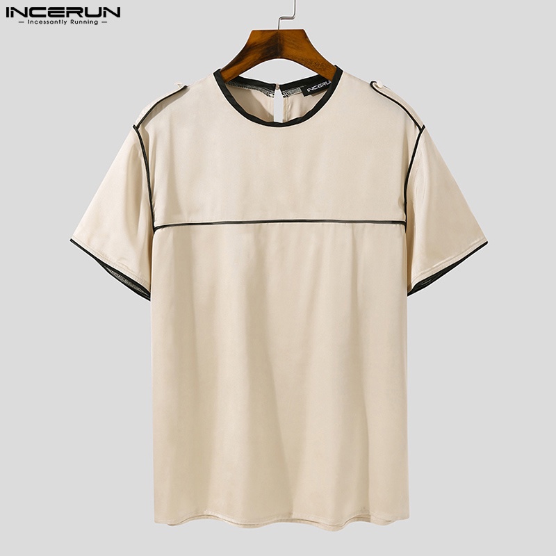 Áo thun INCERUN tay ngắn cổ tròn màu sắc tương phản thời trang cho nam