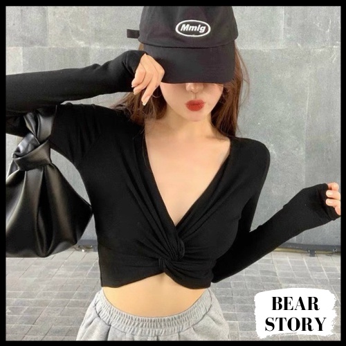 Áo Croptop Cổ V Khoét Sâu Xoắn Ngực Tay Dài Tôn Dáng Gợi Cảm - AK0081 | bear.story