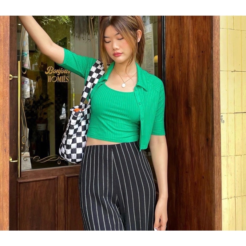 LOVI SHOP Set áo sơ mi croptop thun gân tăm mềm 2 in 1 nhiều màu