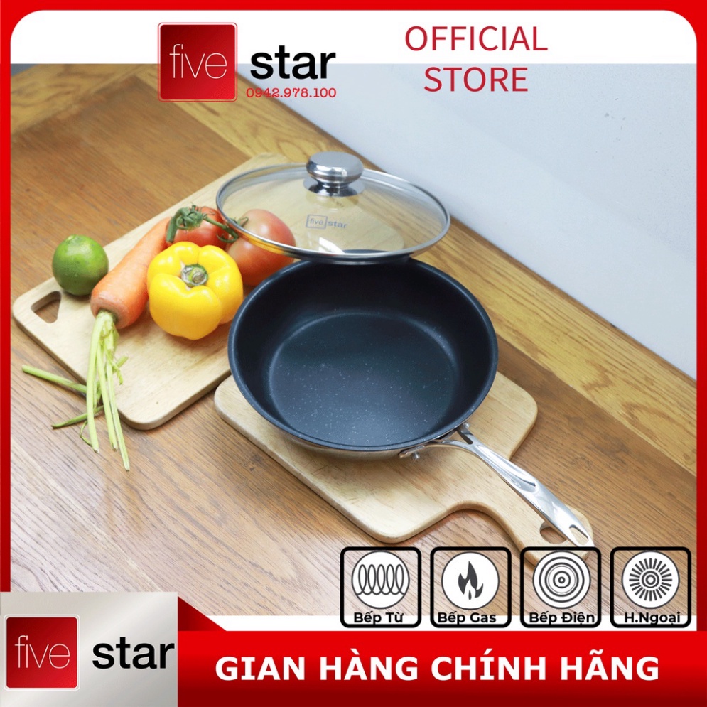 Chảo chống dính vân đá 3 lớp đáy liền cao cấp Fivestar Plush có nắp kính ( 22cm / 24cm / 26cm / 28cm ), tặng 1 sạn dừa