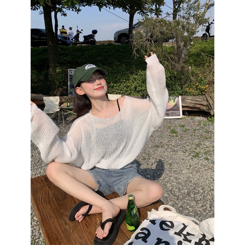 Áo sweater dệt kim tay dài len nữ trễ vai trong suốt 5 màu dễ thương dáng rộng phong cách Hàn Quốc M88 A2-19