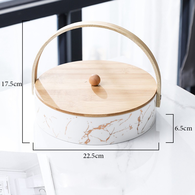 Khay mứt, hộp mứt 4 ngăn bằng sứ nắp tre phong cách Bắc Âu - chất liệu cao cấp - Bamboo Home