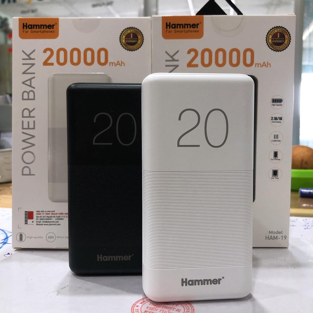 Sạc Dự Phòng Hammer H19 dung lượng 20000 mAh, Hàng chính hãng dùng rất bền và tốt
