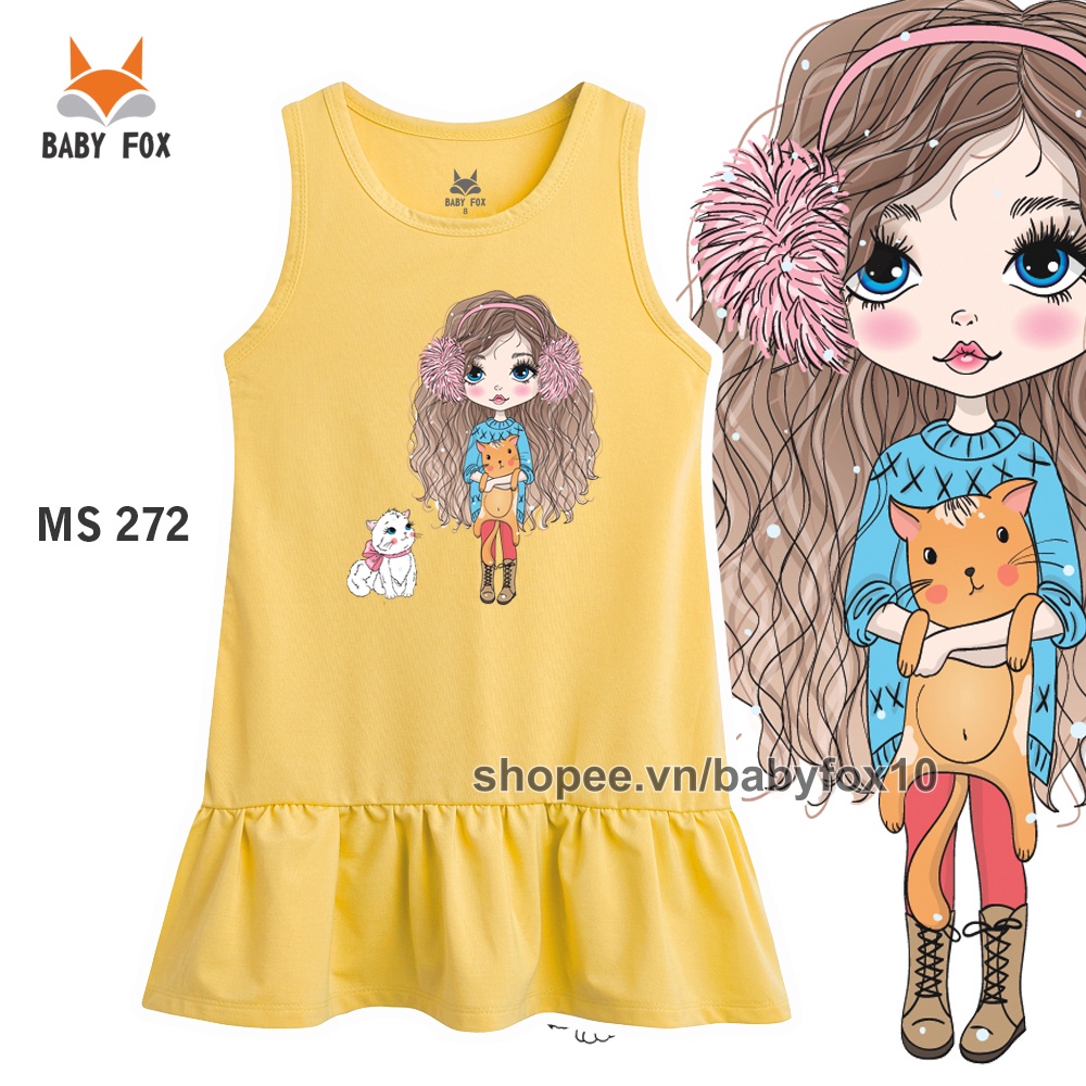 Đầm bé gái 100% cotton loại tốt, thương hiệu BABY FOX, in hình bé gái, size nhỏ, trung, đại b