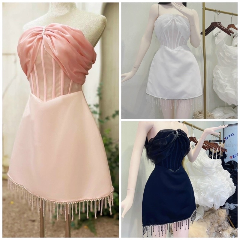Đầm dáng midi ngắn TRIPBLE T DRESS bẹt vai xếp voan kính phối tua rua - size S/M/L - MS226Y