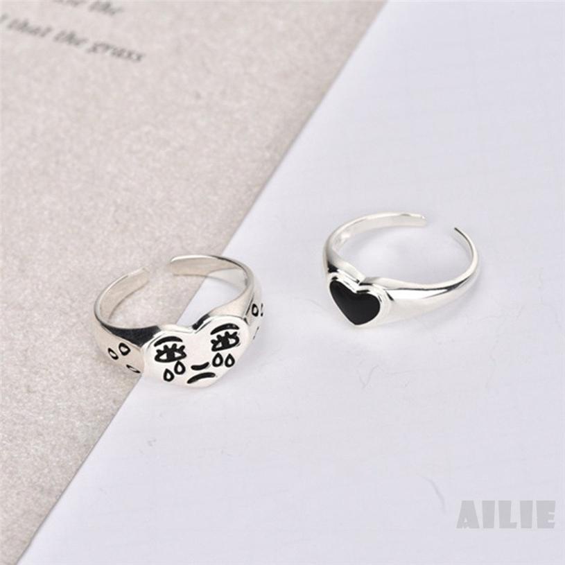[Ailie] Mới tình yêu màu đen đơn giản thời trang nhẫn nữ phụ kiện nước mở mắt biểu cảm cổ điển ngón trỏ đeo nhẫn tay trang sức