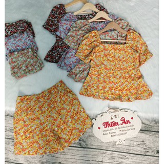 Set bộ hoa nhí xếp li cổ vuông tay phồng quần đùi bigsize 40-72kg