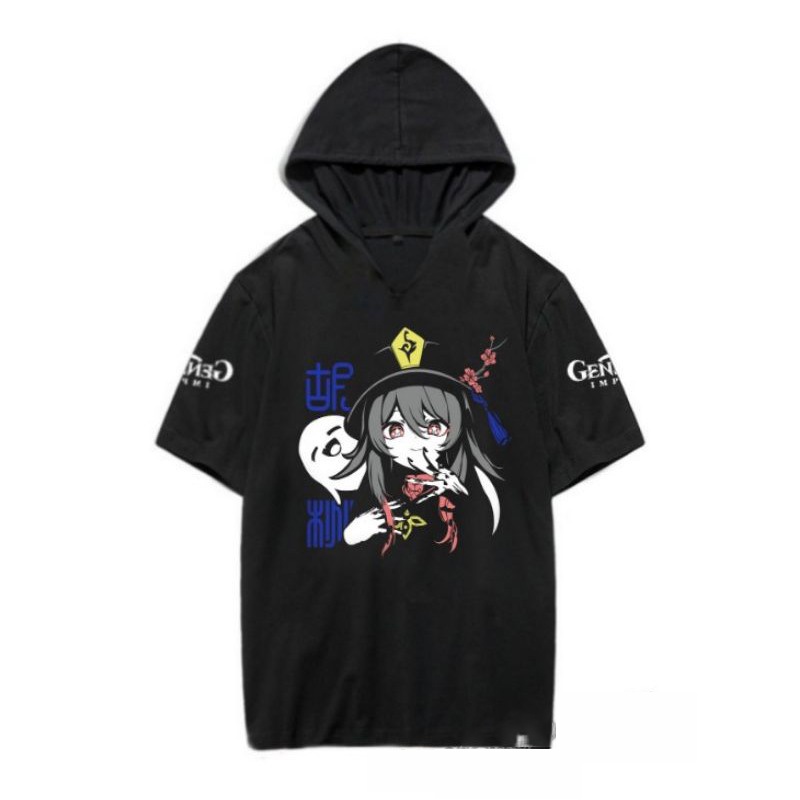 Áo hoodie tay lửng đen in hình GENSHIN IMPACT áo phông nam nữ xinh xắn anime chibi giá tận xưởng