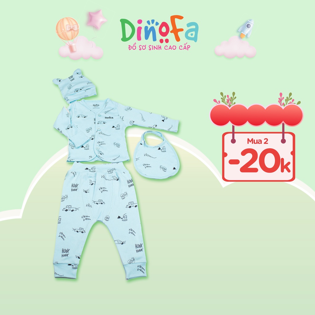 Set 4 món cho trẻ sơ sinh DINOFA màu xanh, họa tiết ô tô, cúc thẳng dành cho bé 0-3 tháng tuổi_B02