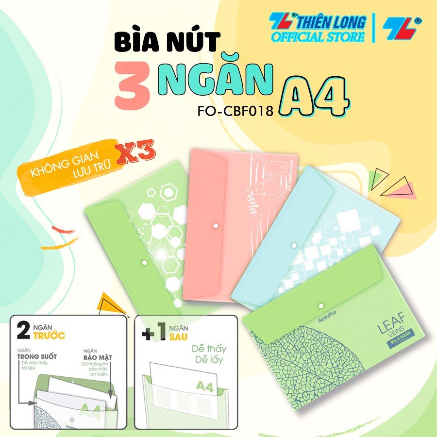 Combol 3c- Bìa nút 3 ngăn Thiên Long Flexoffice FO-CBF018 (chứa 130 tờ A4)/Túi đựng tài lệu - vpp Diệp Lạc (sỉ/lẻ)