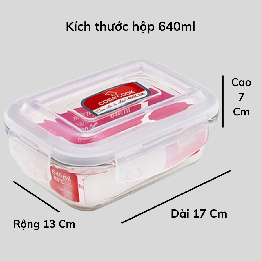 Bộ 3 Hộp Cơm Thủy Tinh Chịu Nhiệt COBACOOK 1 Hộp 640ml 2 Hộp 1041ml Và Túi Giữ Nhiệt- CCL6L13BB