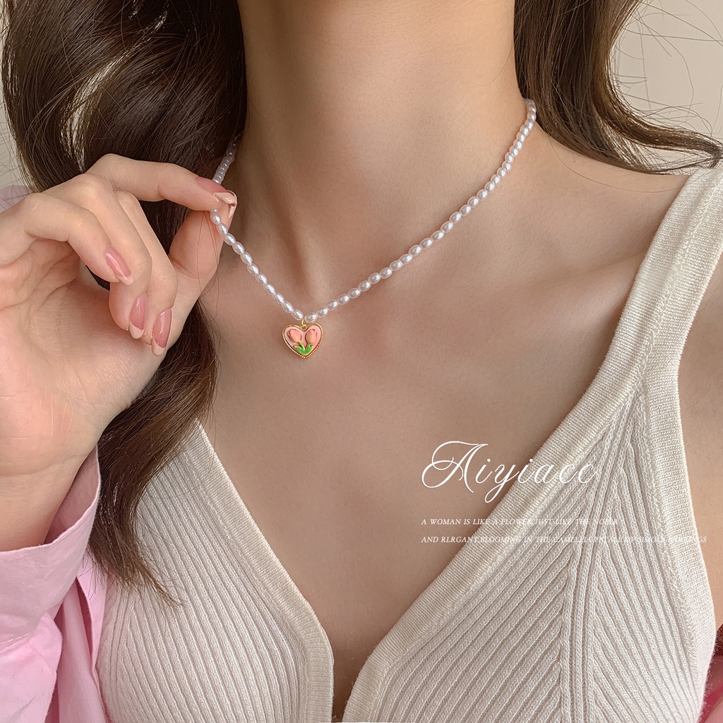 Vòng cổ IF ME mặt hoa tulip đính ngọc trai nhân tạo thanh lịch cho nữ