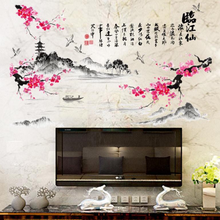 Decal Dán Tường Nghệ Thuật Sơn Thủy Hữu Tình Hoa Đào Lãng Mạn SH1932