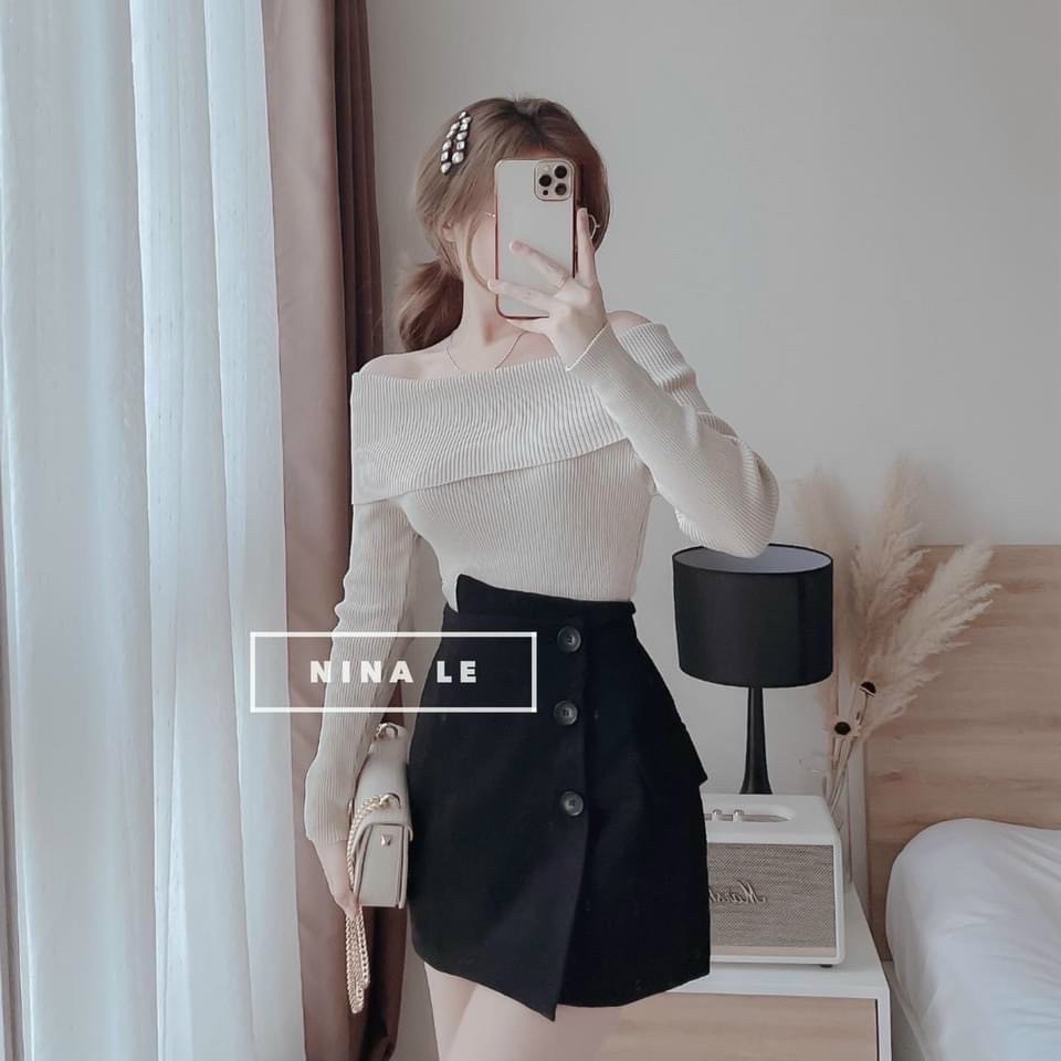 Sét váy nữ thun gân trễ vai tay dài kèm chân váy đắp phối nút phong cách hàn quốc trẻ trung, xinh xắn cho nàng dạo phố