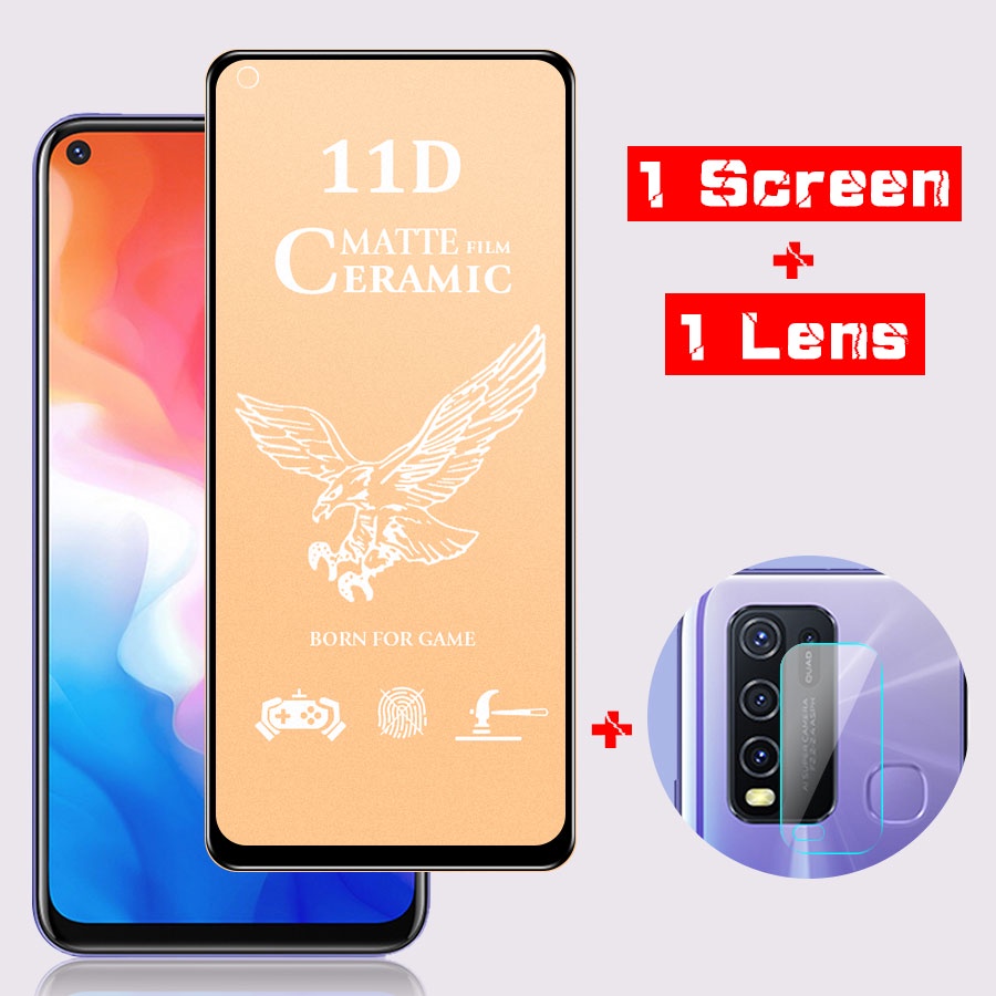 VIVO Y11 Y12 Y15 Y17 Y19 Y20 Y20i Y20S Y12S Y30 Y50 Y91 Y93 Y95 3 in 1  kính cường lực chống bám vân tay dẻo 11D+Miếng dán mặt lưng cacbon chống vân tay,xước+Kính cường lực bảo vệ Camera