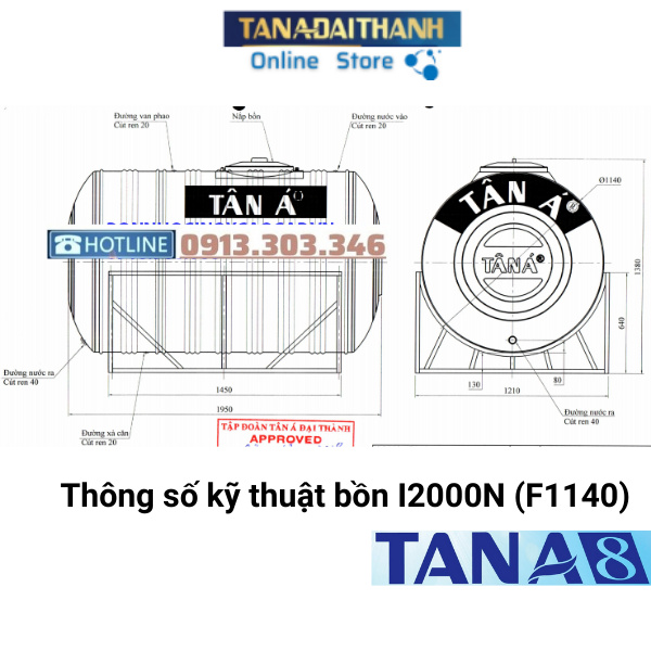 Bồn Nước Inox Tân Á 8 Cao cấp Ngang 2000L (F1140 - F1340), bảo hành 15 năm, Tân Á Đại Thành online