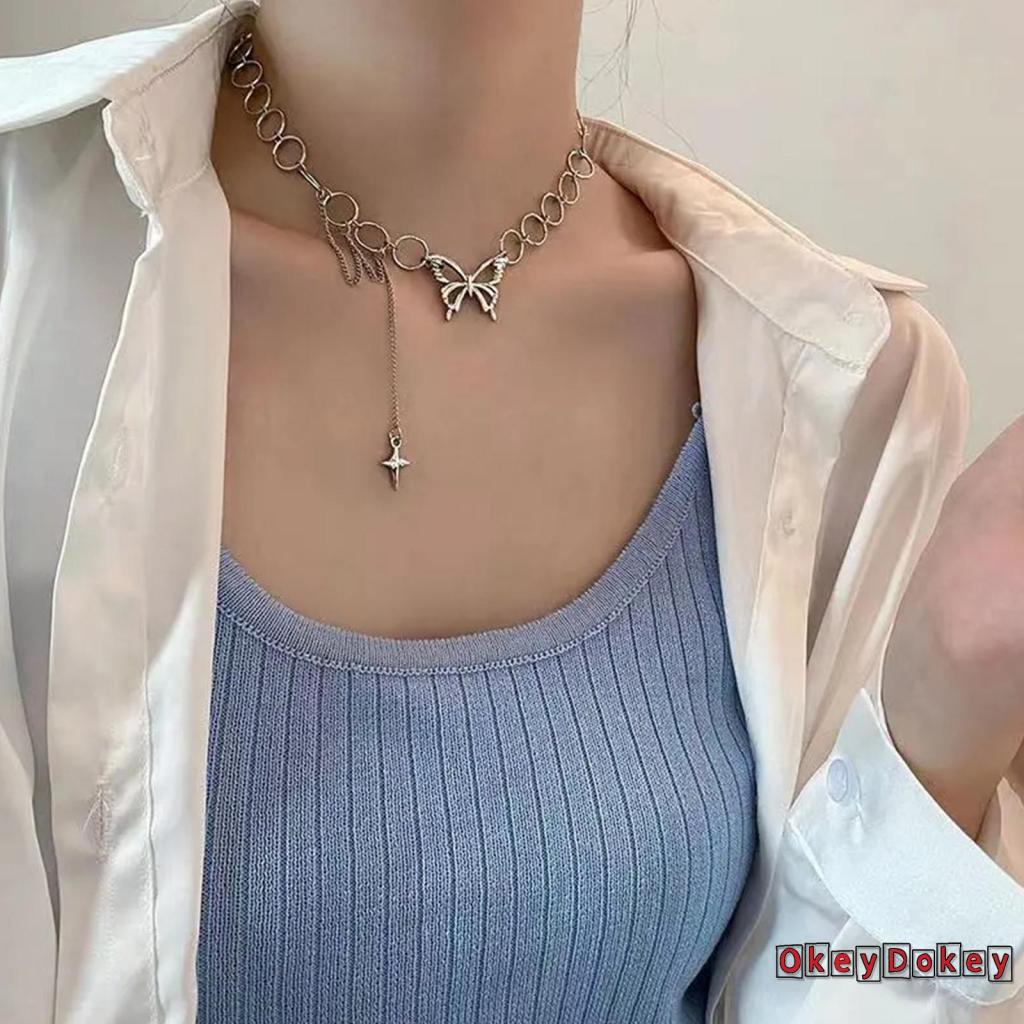 OKDK-Women Butterfly Choker Necklace Silver Adjustable Collarbone Chain