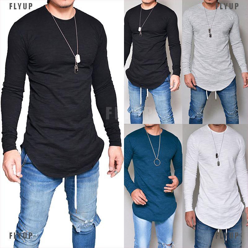 「FLYUP」Mens Gym T Shirt Longline Slim Fit Muscle Long Sleeve Curved Hem Tee Tops Casual | BigBuy360 - bigbuy360.vn