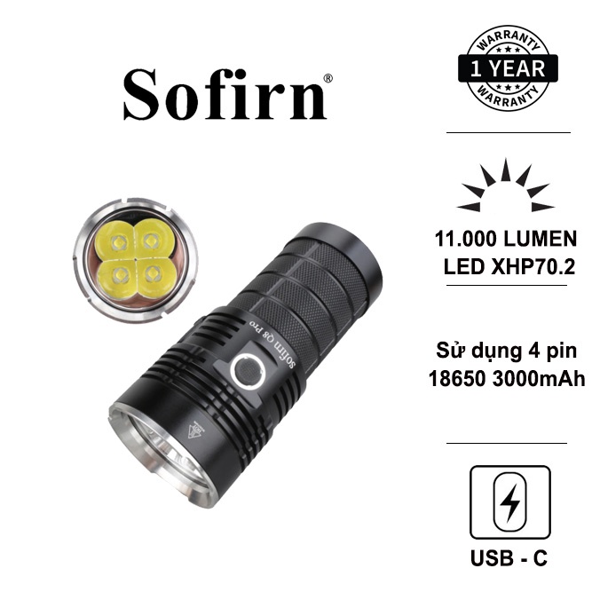 Đèn pin siêu sáng SOFIRN Q8 PRO CREE XHP50.2 sáng 11000 lumen Sạc TYPE-C sử dụng 4 PIN 18650 Đèn &amp; Đèn pin