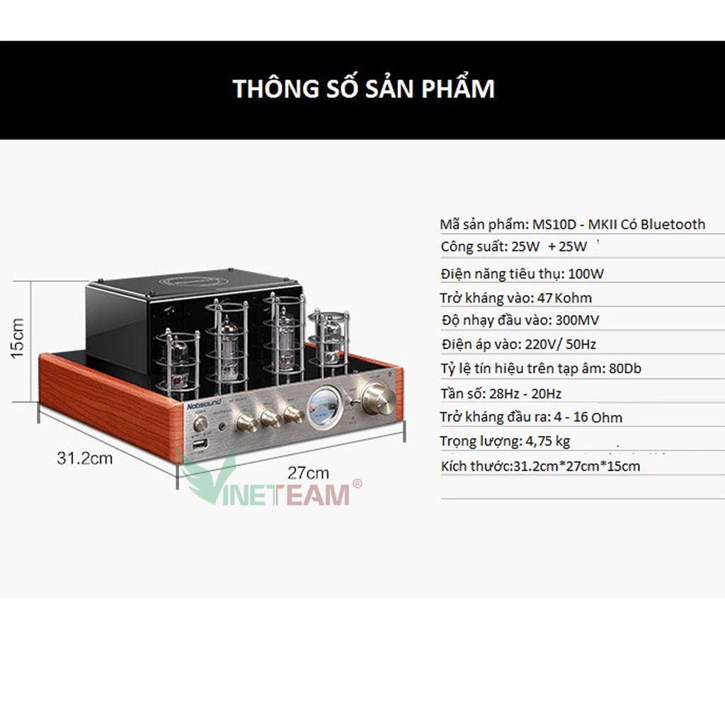 Ampli đèn Nobsound MS10D MKII có Bluetooth - Input cổng quang Optical - Coaxial và Sub - JAout CK TẶNG CÁP AV -DC4595