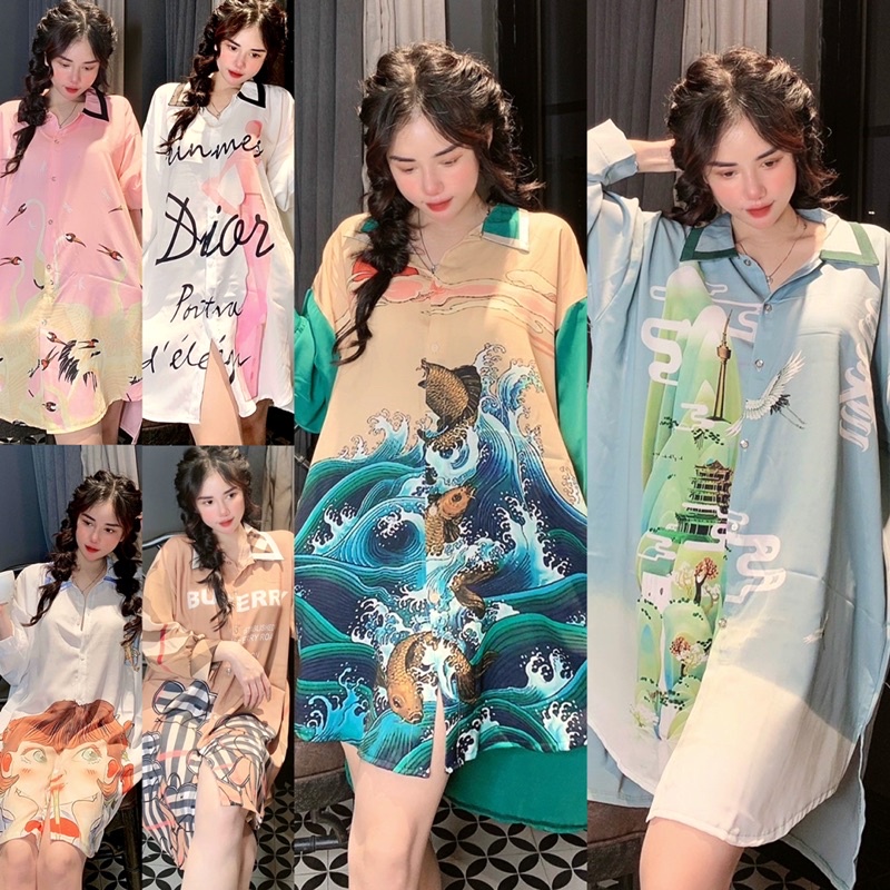 Đầm mặc nhà LỤA tay dài cổ sơ mi phom rộng thoải mái (bầu bí bon chen được)