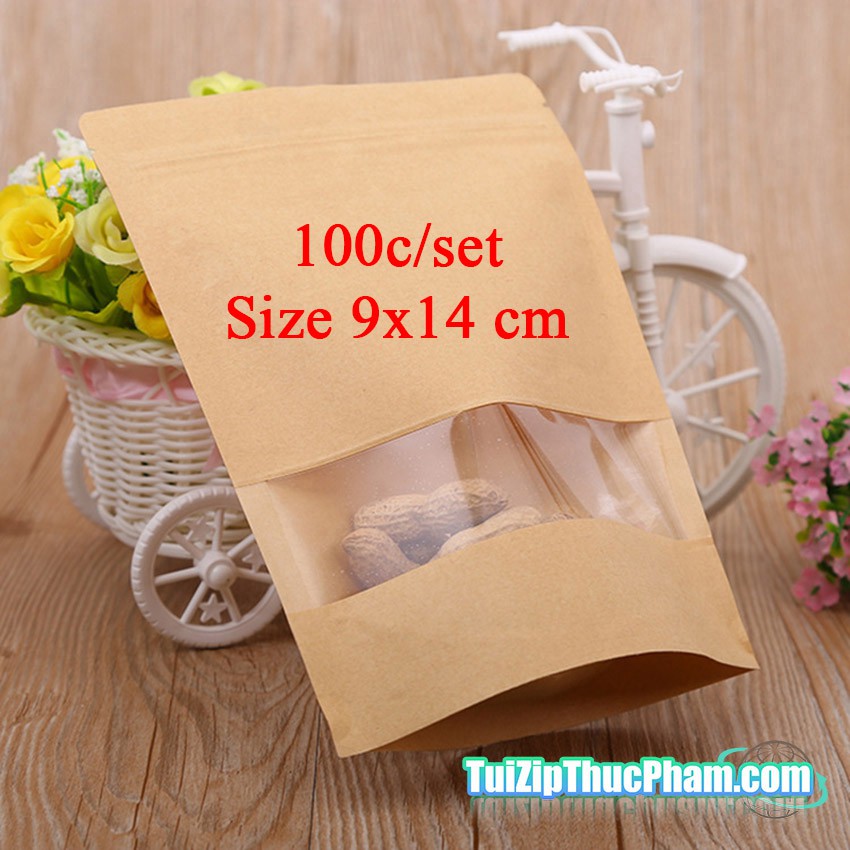 100 cái túi zipper size 9x14cm đựng 50g bột mịn, túi zip giấy kraft vàng có cửa sổ đựng thực phẩm chất lượng cao giá rẻ