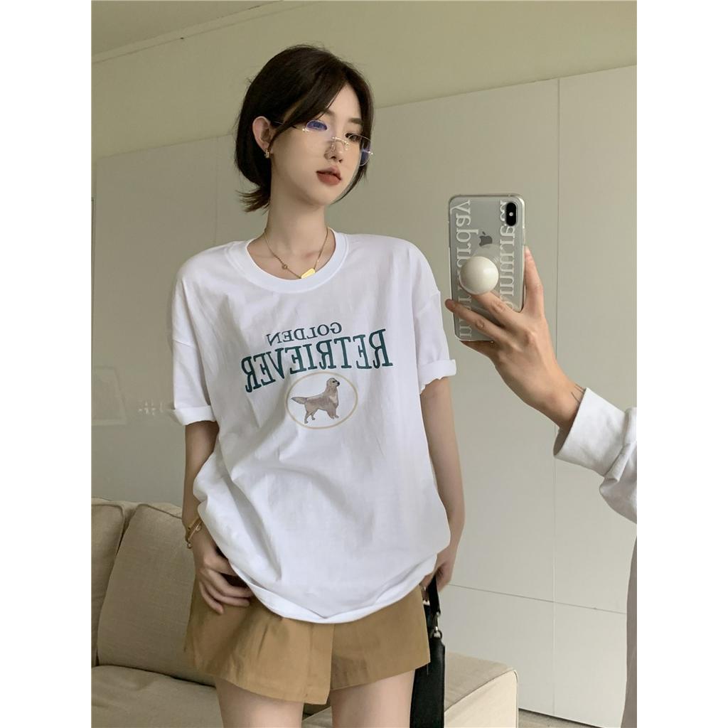 Áo Thun Dáng Rộng Ngắn Tay In Hình Cún Thời Trang Mùa Hè Mỹ Kiểu Mới 53641
