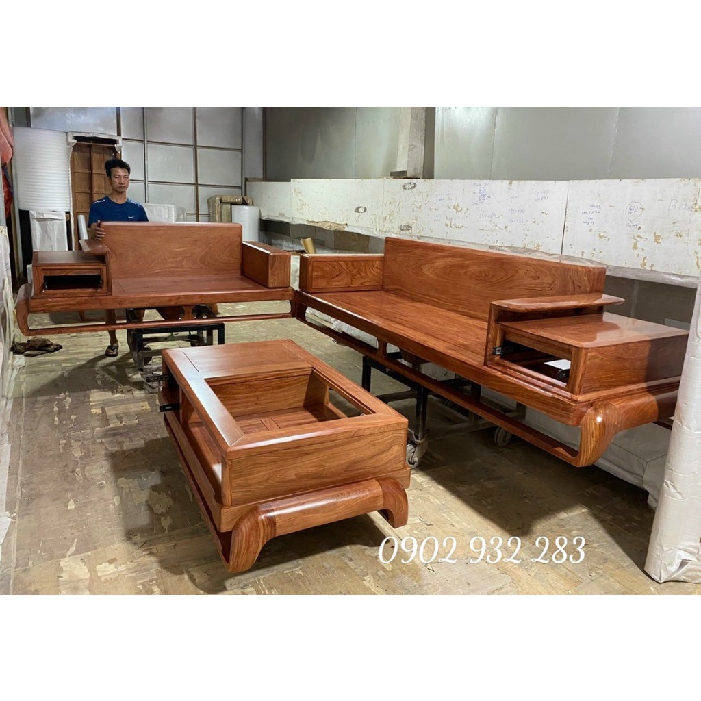Bộ bàn ghế phòng khách, sofa gỗ hương chân đùi gà mẫu hiện đại , góc L 3m10 x 250