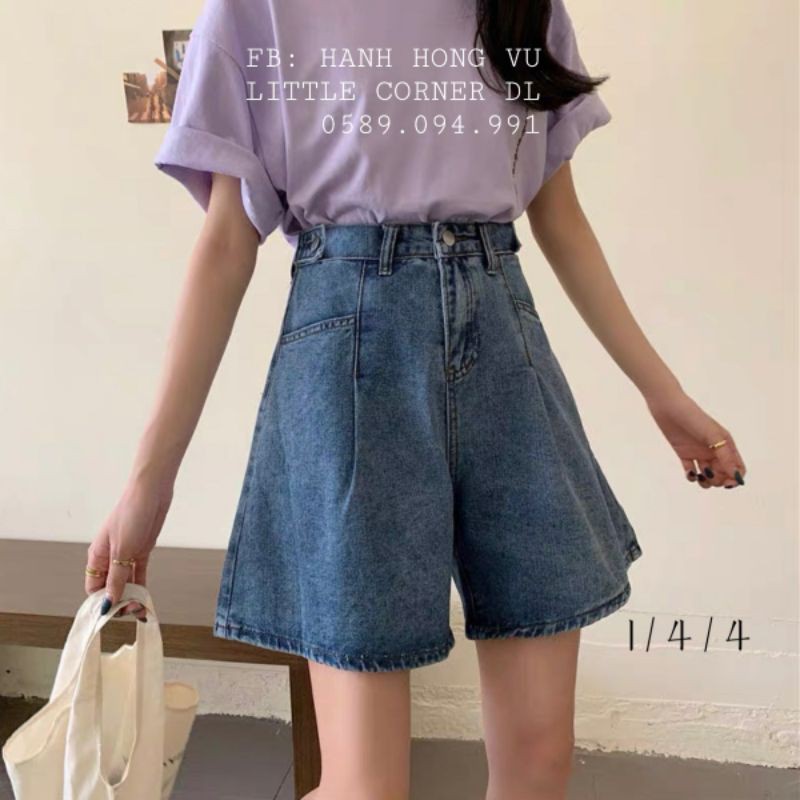 Quần ngố lửng short jean ống rộng lưng cao phối nút hông xếp ly túi form ulzzang kèm ảnh thật