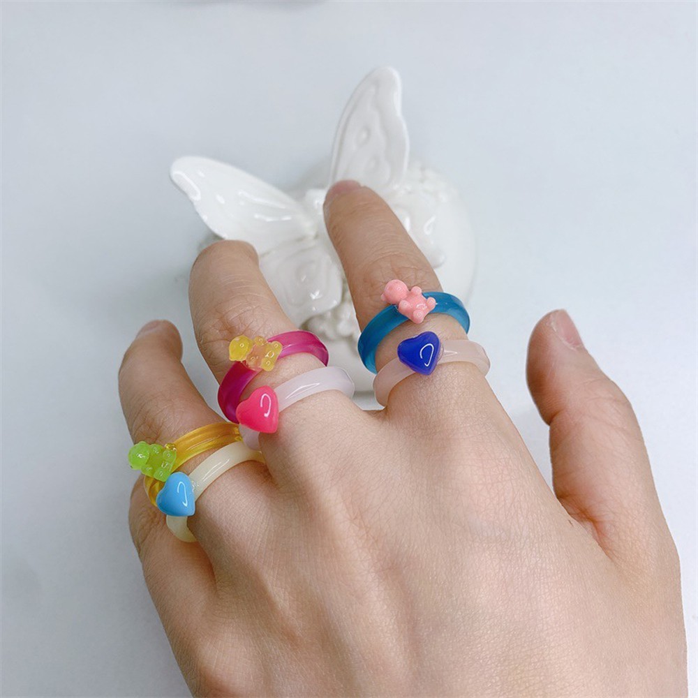 Set 2 nhẫn đeo tay bằng nhựa trong suốt họa tiết hình học đáng yêu