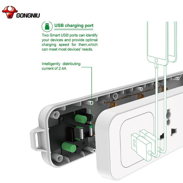 Ổ Cắm Điện Gongniu 3 Ổ Đa Năng + 2 USB 1 công tắc 2500W/10A Dây Dài 1.8M (N103U) - Chính Hãng