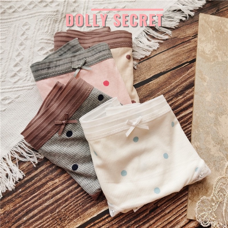 Quần lót viền ren sexy cotton sợi tre gân tăm chấm bi đính nơ gợi cảm cao cấp cho nữ DOLLY SECRET QL056