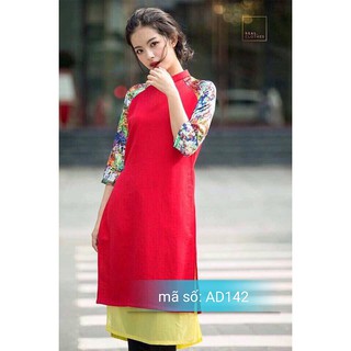 Áo Dài Cách Tân 2 tà tầng cổ trụ tay phối họa tiết đa sắc màu CÓ SIZE LỚN