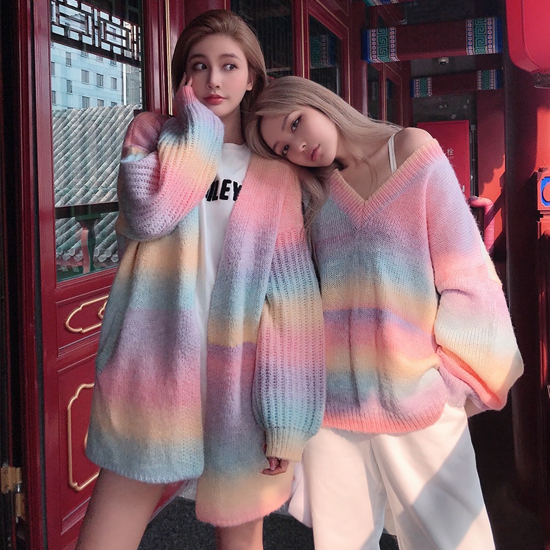 Áo len cầu vòng rainbow tay dài pijama nhật bản cổ chữ V thu đông tết màu nhuộm sweater khoác choàng ulzzang 2 kiểu