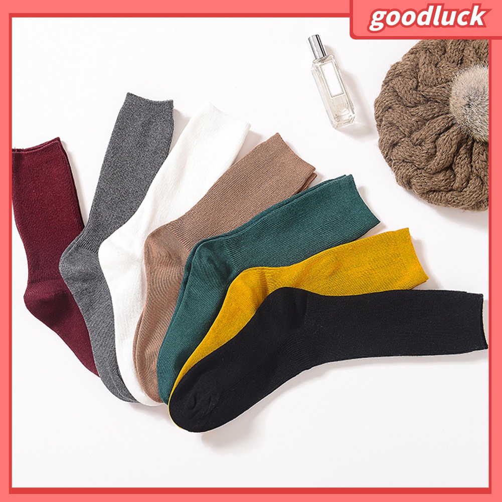 [GOLUK] Vớ Cotton Ống Lửng Co Giãn Thoáng Khí Màu Trơn Thời Trang Thu Đông