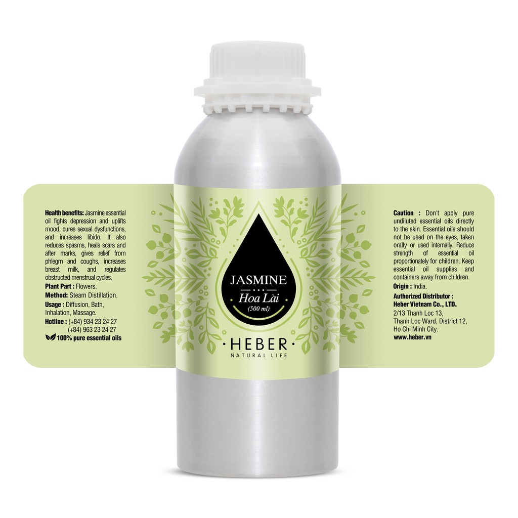 (Chai Lớn 500ml/1000ml)Tinh Dầu Hoa Lài (Nhài) Jasmine Heber Natural Life, Cao Cấp Nhập Khẩu, Thiên Nhiên Nguyên Chất