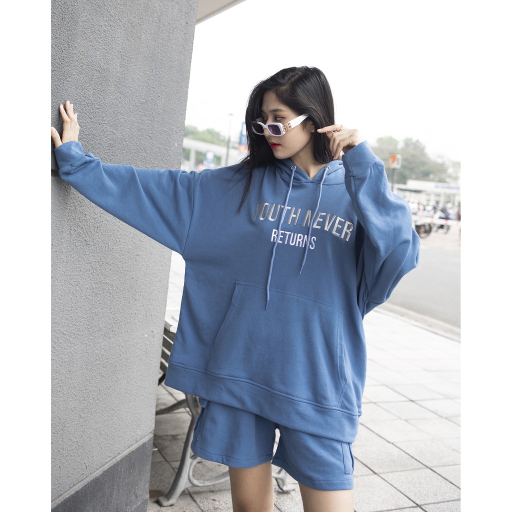 Áo Hoodie Youth Never Returns - Phía Trước Thêu Chữ Tỉ Mỉ - Chất Vải Nỉ Da Cá - Form Oversized Rộng Thoải Mái - Màu Xanh