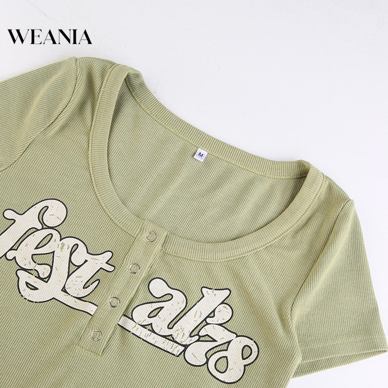 Áo Thun Ngắn Tay Cổ Chữ U In Chữ Phối Nút Phong Cách Retro Cho Nữ