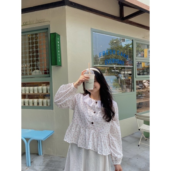 Áo babydoll hoa nhí phối ren cổ + cvay xoè dáng dài