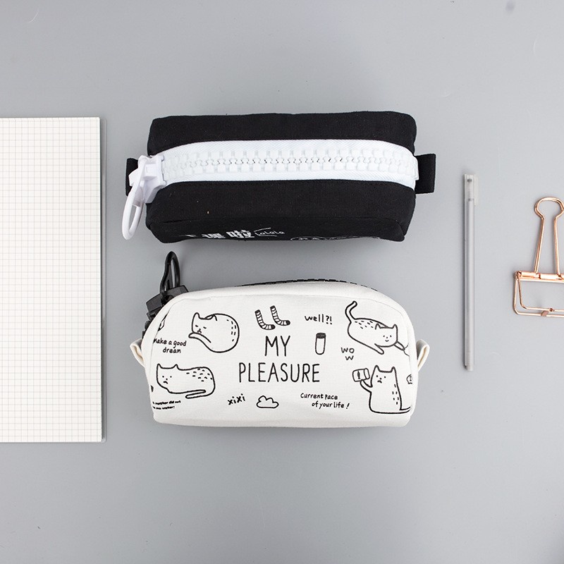 Túi Đựng Bút Màu Trắng Đen Sức Chứa Lớn Có Khóa Kéo Dành Cho Học Sinh