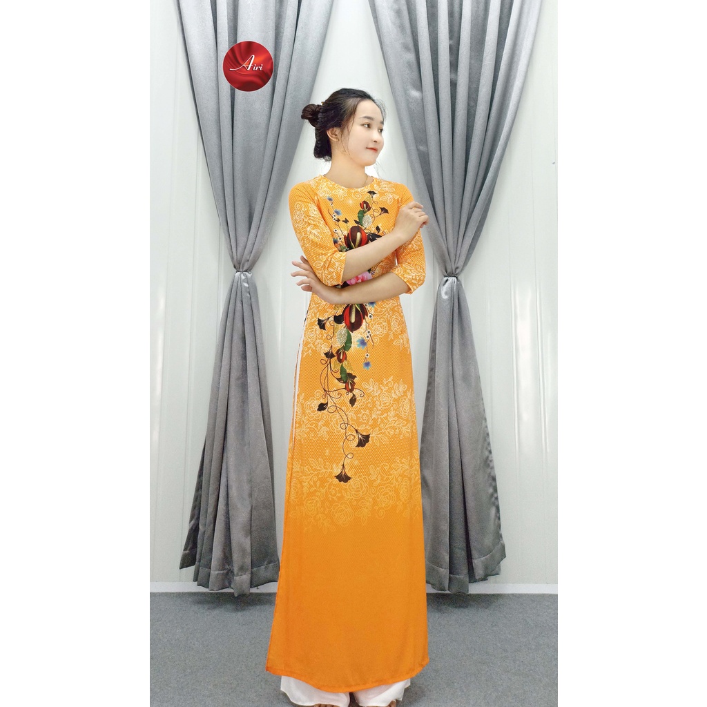 Áo dài nữ truyền thống nền cam họa tiết hoa duyên dáng xinh xỉu - Áo Dài Airi