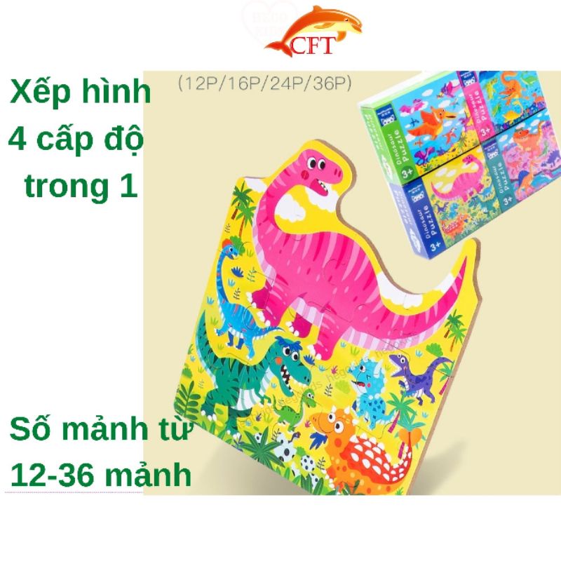 Xếp hình  cho bé từ 2 tuổi bộ ghép hình puzzle 4 cấp độ với 3 chủ đề ô tô khủng long bốn mùa