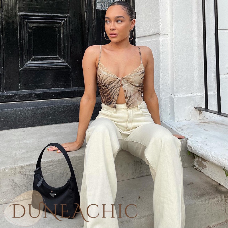 DUNEA Áo Croptop Cổ Chữ V Phối Ren Lưới In Họa Tiết Thời Trang Quyến Rũ Cho Nữ