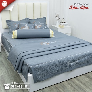 bộ chăn ga gối mùa cưới 7 món cotton satin, bộ chăn ga gối chần bông thêu hoa, ảnh thật , ga chần vỏ gối vỏ chăn, h&t