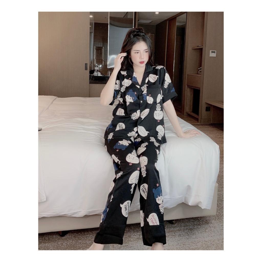 Đồ bộ nữ pijama lụa ngủ mặc nhà tay ngắn quần dài mango dễ thương Tố Quyên Shop