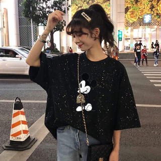 áo thun tay lỡ nhũ kim tuyên kim sa in mickkey chất đẹp By35