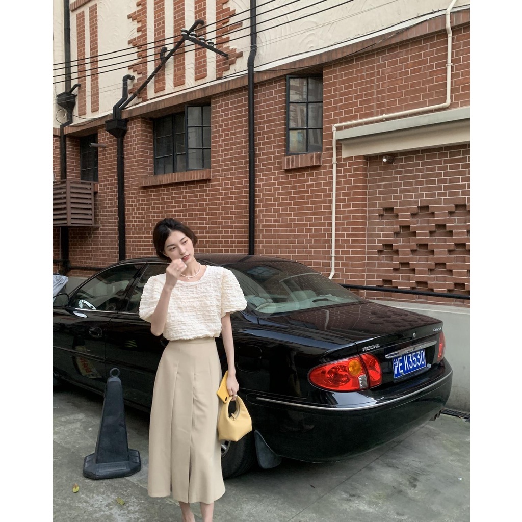 Áo kiểu tay ngắn dáng rộng thiết kế gấp nếp phong cách Hàn Quốc thời trang cho nữ