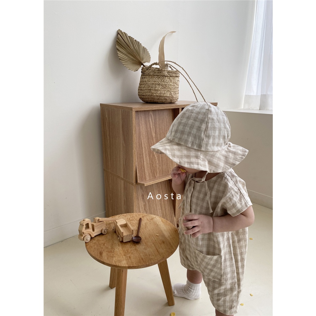 Set Áo Liền Quần Họa Tiết Caro Thoải Mái Kèm Mũ Đáng Yêu Cho Bé Sơ Sinh