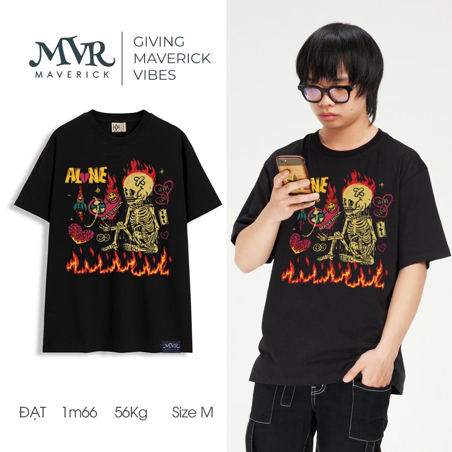 Áo thun trắng tay lỡ Đầu lâu xương cô đơn chất phong cách MVR size rộng tee Mỹ BB4080