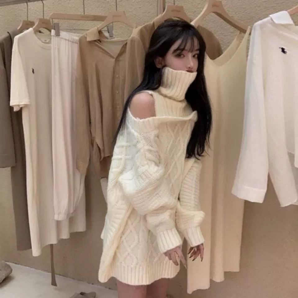 Áo sweater dệt kim cổ cao tay dài dáng rộng thời trang thu đông hàn quốc cho nữ